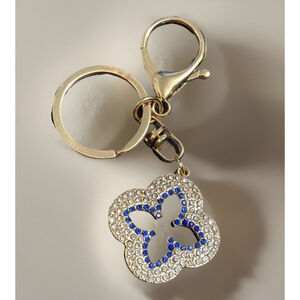 Gold Tone Clover Bag Charm With Clear & Sapphire Rhinestones• Key Chain W/clasp